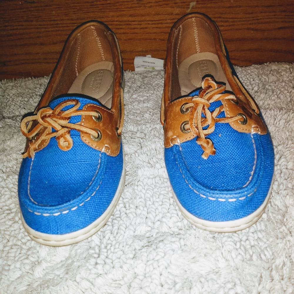 Sperry Top-Sider Boat Shoes Womens 6.5M Blue Brown Leather 2-Eye Lace Casual